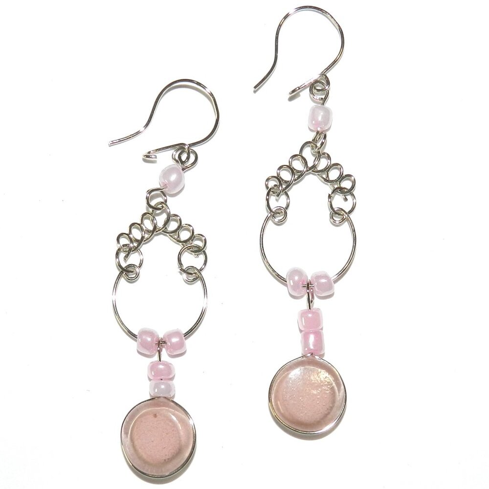 Pink Peruvian Artisan Glass Alpaca Silver Fishhook Dangle Earrings E235